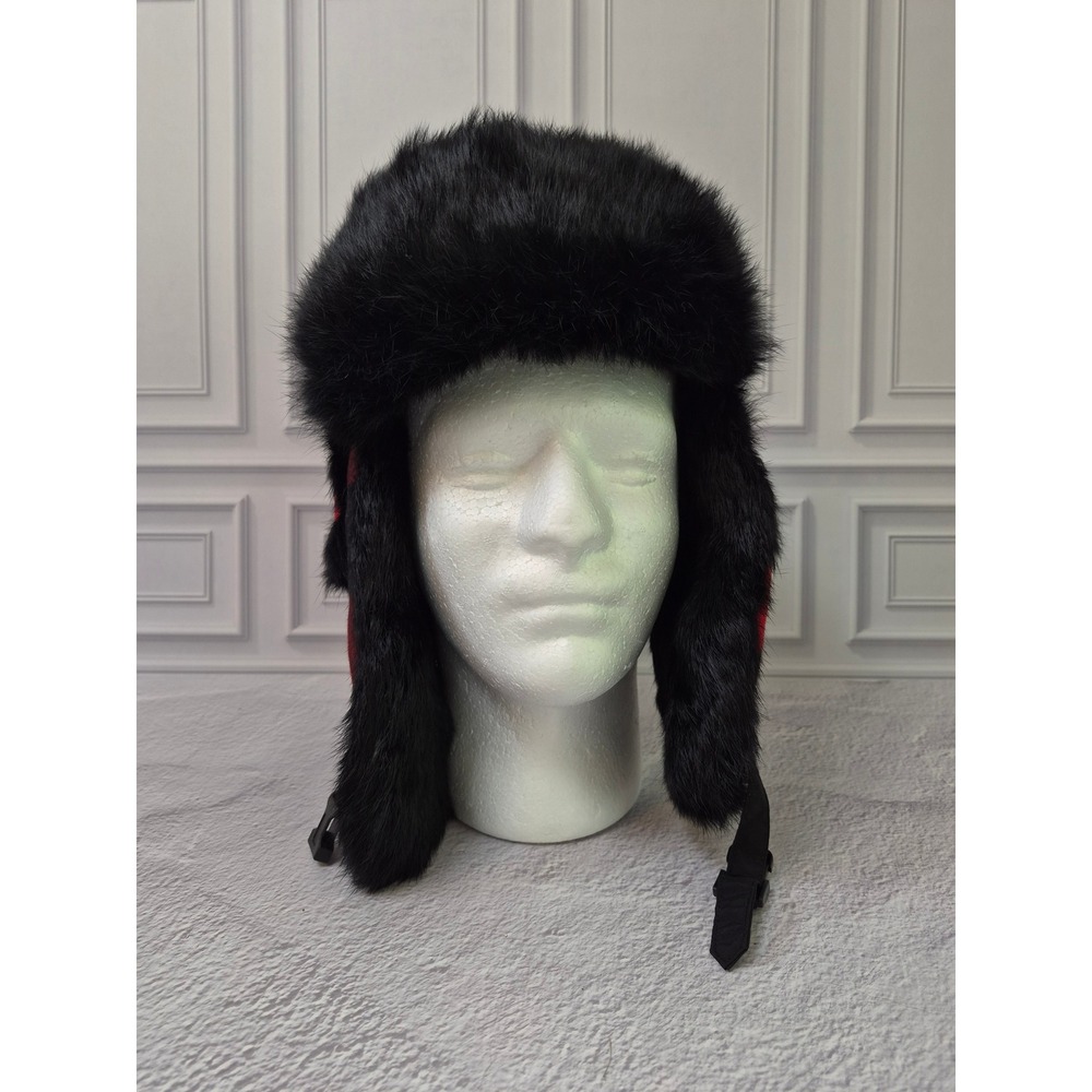 IKEPOD Red Black Buffalo Plaid Trapper Hat REAL Rabbit Fur Ear Flap Buckle Large
